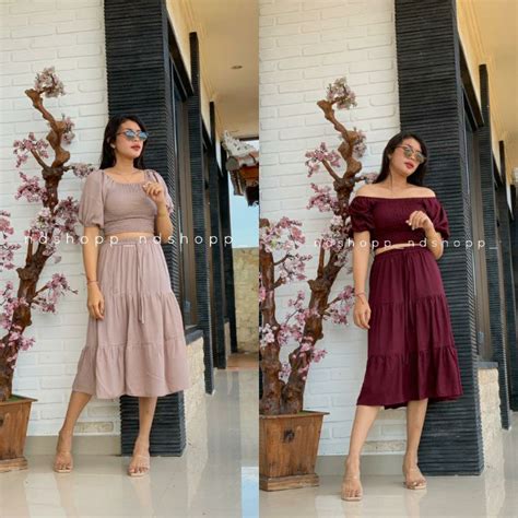 Jual ALEENA BASIC SET SETELAN ATASAN SABRINA KERUT DAN ROK RUMPLE