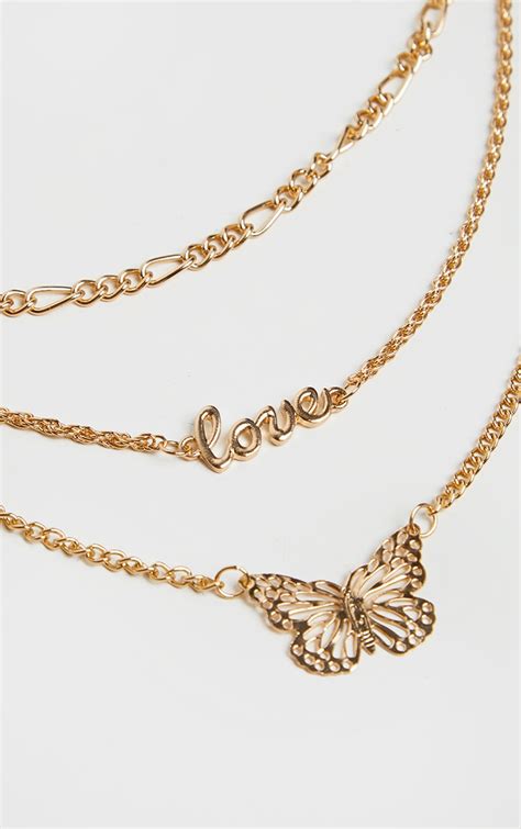 Gold Butterfly Multi Layer Necklace Prettylittlething Usa