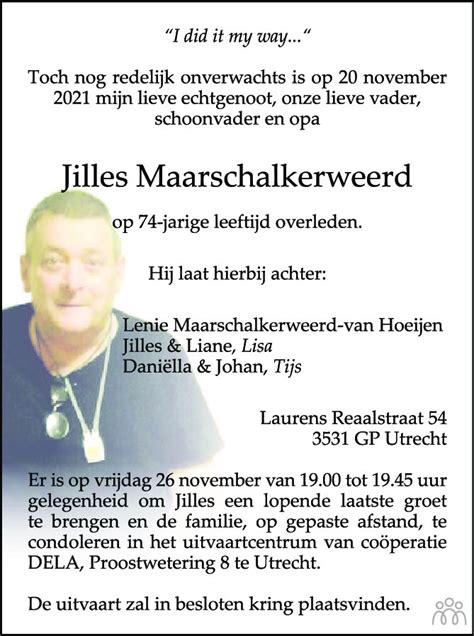 Jilles Maarschalkerweerd 20 11 2021 Overlijdensbericht En Condoleances