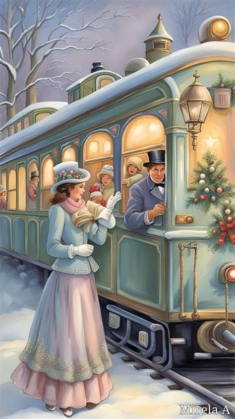 A Man And Woman Standing Next To A Train With Christmas Decorations On