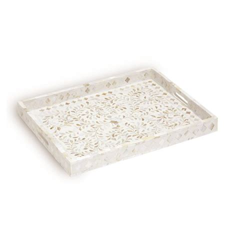 Mother Of Pearl Inlay Rectangle Serving Tray White Floral Pattern