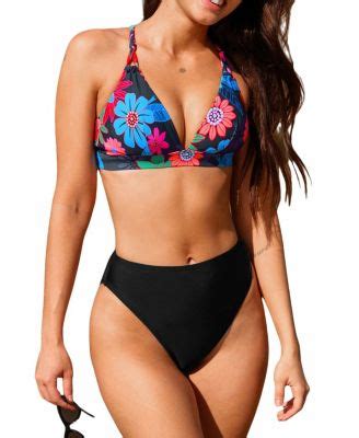 Cupshe Women S Retro Floral Plunging Bikini Top Cheeky Bottoms Set
