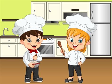 Dibujos animados de niños pequeños cocinando en la cocina Vector Premium