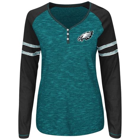 Women S Majestic Midnight Green Philadelphia Eagles Lead Play Long Sleeve Henley T Shirt