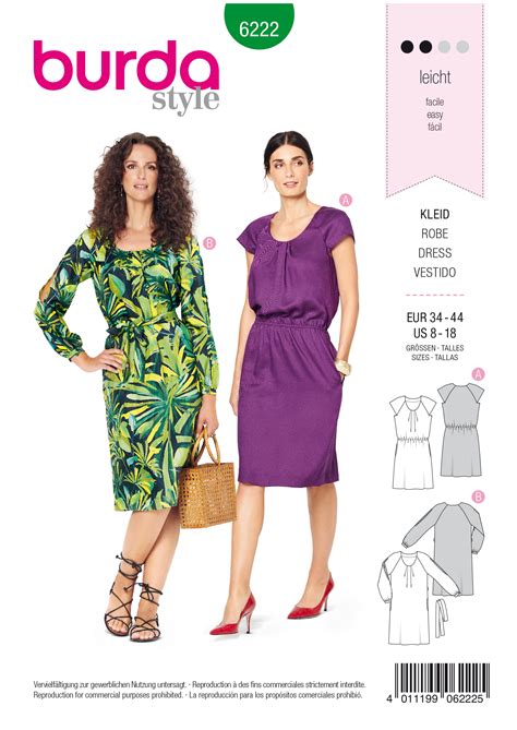 Burda Style Pattern 6222 Misses Dress With Pleats At Neckline Raglan