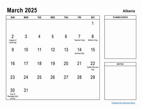 March 2025 Monthly Calendar With Albania Holidays