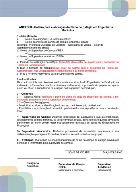 Roteiro Para Elabora O Do Plano De Est Gio Em Engenharia Anexo Iii