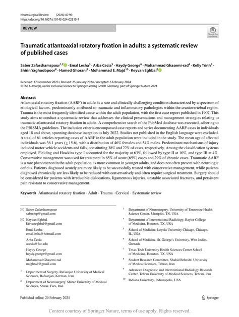 Traumatic Atlantoaxial Rotatory Fixation In Adults A Systematic Review