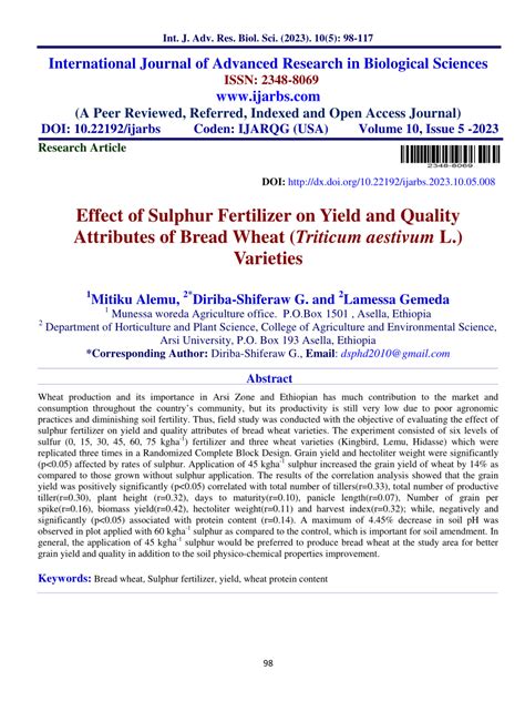 Pdf Effect Of Sulphur Fertilizer On Yield And Quality Attributes Of