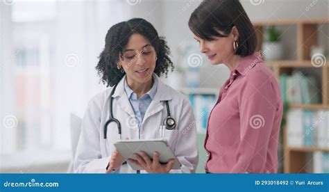 Woman Doctor And Tablet With Patient In Consultation Healthcare Or Results At Hospital Female