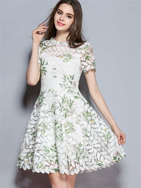 White Short Sleeve Womens Lace Dress