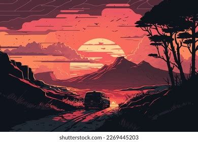 Sunset Mountains Illustration Sunset Wallpaper Stock Illustration