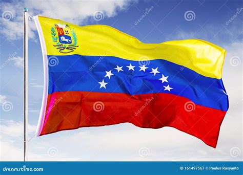 Venezuela National Flag Waving Under Blue Sky Stock Image Image Of