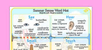 Summer Senses Word Mat Romanian Translation Teacher Made