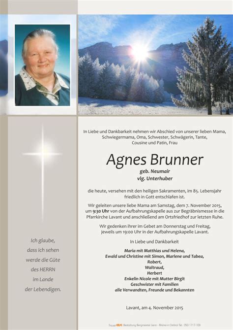 Todesanzeige Agnes Brunner Trauer Link