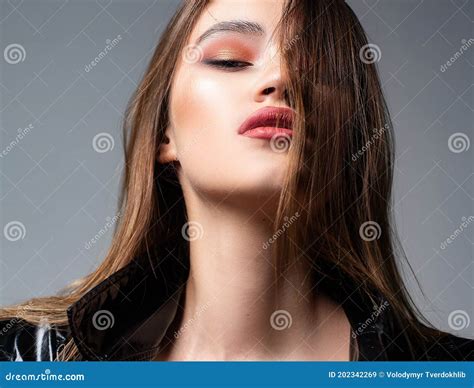 Gorgeous Beauty Girl With Beautiful Hairstyle And Makeup Face Grey Background Wearing Only