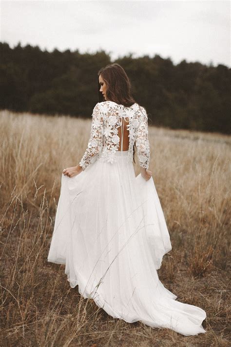 Boho Brautkleid Rückenausschnitt Vintage Hochzeitskleid Spitze