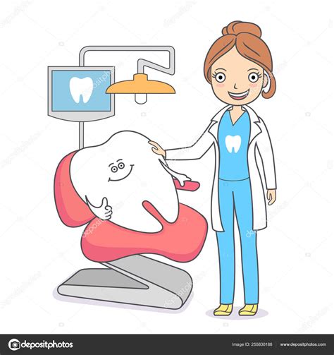 Cartoon tooth visiting a dental office. A tooth in a dental chai Stock ...