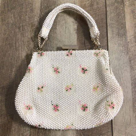 Vintage Corde Beaded Bag By LUMURED Made In USA Cream With Pink Flowers