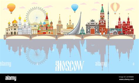 Panoramic Moscow Skyline Travel Illustration With Main Architectural Landmarks In Flat Style