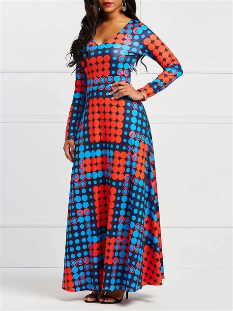 Color Block Polka Dots Pocket Print Women S Maxi Dress Womens Maxi