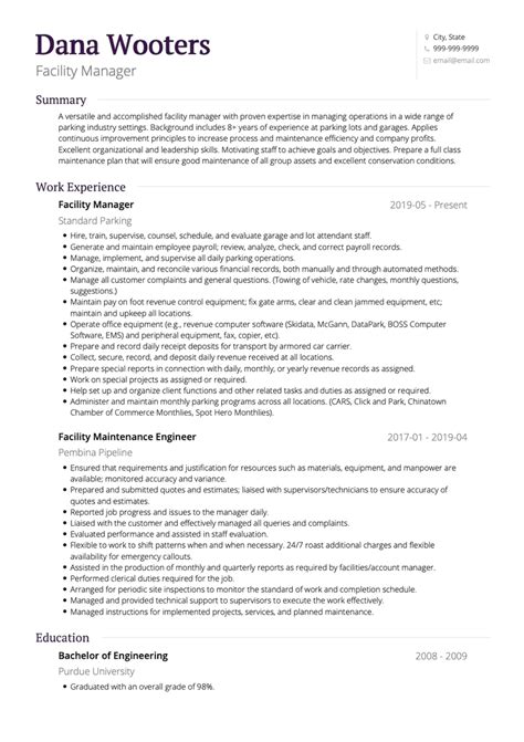 Facilities Manager Resume Template