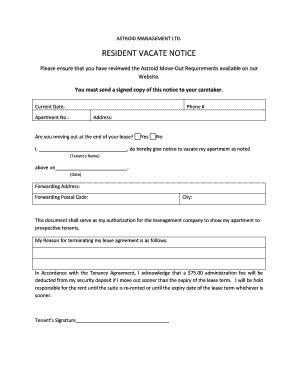 Fillable Online Printable Resident Vacate Notice Astroid Property