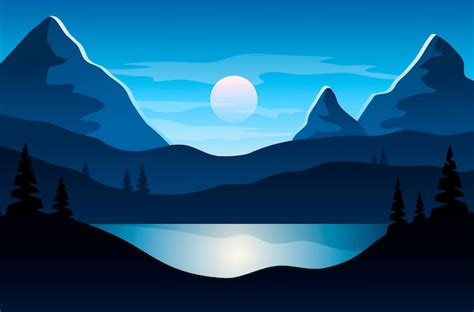 Premium Vector Beautiful Dark Blue Mountain Landscape With Moon