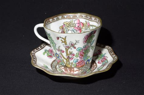 Antique Coalport Indian Tree Flat Teacup And Saucer England Pink Rose