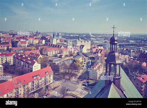 Vintage stylized aerial view of Szczecin (Stettin) city downtown ...