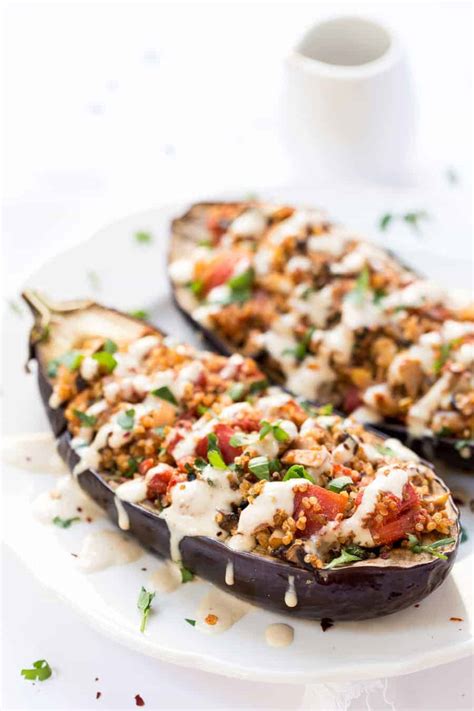 Quinoa Stuffed Eggplant With Tahini Sauce Simply Quinoa