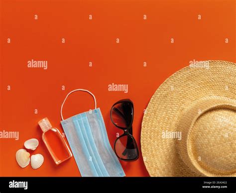 Wide Brim Straw Hat Sunglasses Medical Face Mask Hand Sanitizer On
