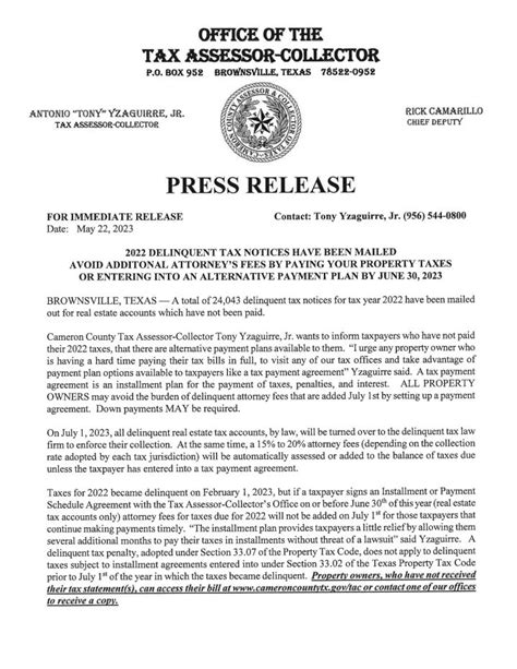 Tax Assessor Collector S Office Press Release 2022 Delinquent Tax Notices Cameron County