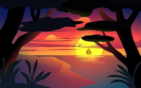 Premium Vector | Panorama of sunset in beautiful beach