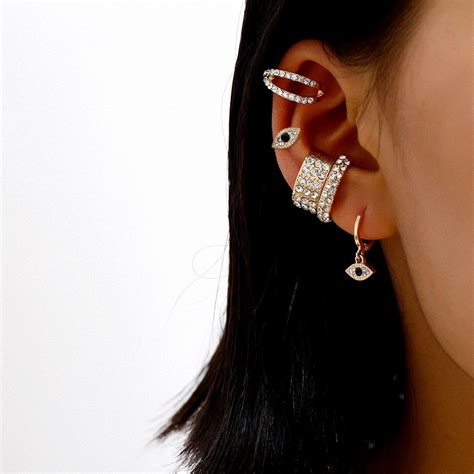 Cz Pave Evil Eye Hoop Huggie Earrings Ear Cuffs Set Crystal Etsy In