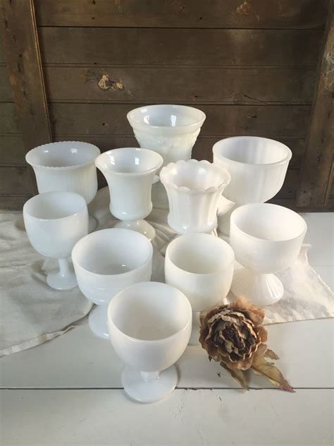 10 Piece Vintage Milk Glass Compote Collection Etsy Milk Glass Pieces Vintage Glass