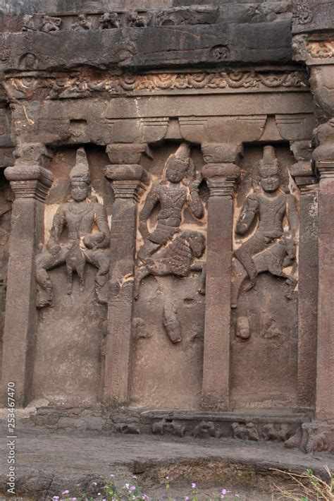 Outer Wall Of Cave 16 Facade Detail With Karthikeya Agni And Vayu