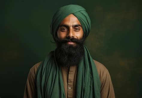 Hombre Indio Sij Con Turbante Verde Tradicional Retrato De Estudio