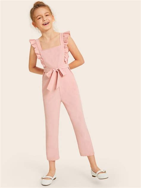 Shein Girls Ruffle Trim Belted Jumpsuit