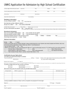 Umkc Application For Admission By High School Certification Umkc Form