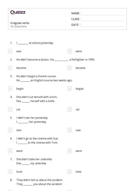 Irregular Verbs Worksheets For Th Class On Quizizz Free Printable