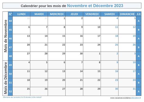 Calendrier Novembre Décembre 2023 à imprimer