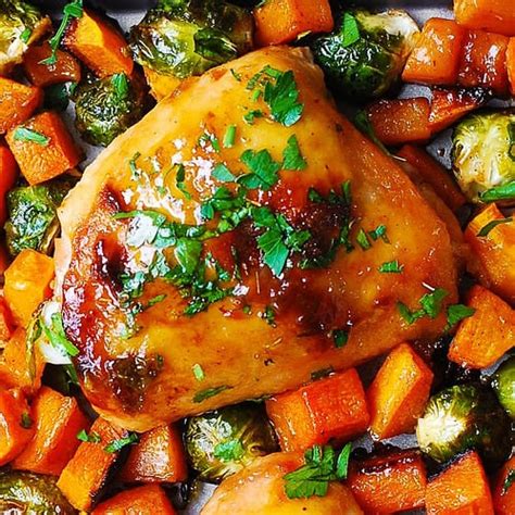 Sheet Pan Maple Dijon Chicken With Butternut Squash And Brussels Sprouts Julias Album