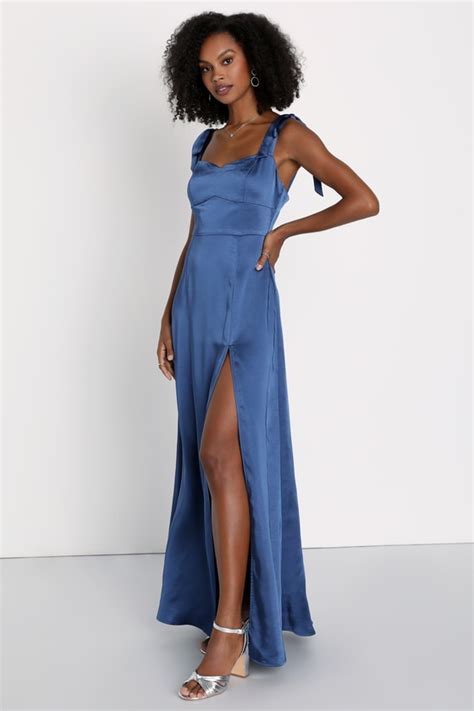 Navy Blue Satin Maxi Dress Tie Strap Dress Satin Dress Lulus