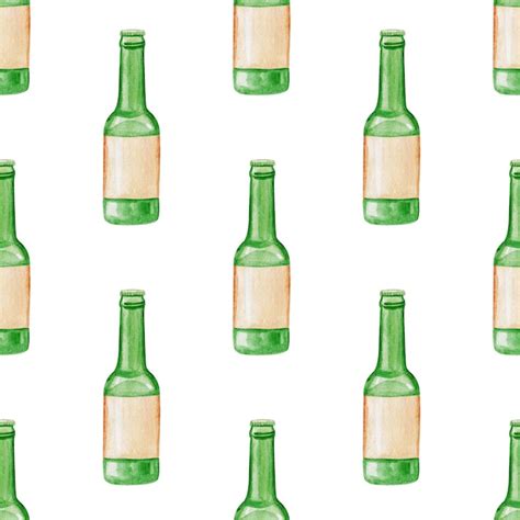 Premium Photo Watercolor Beer Green Bottles Seamless Pattern On White