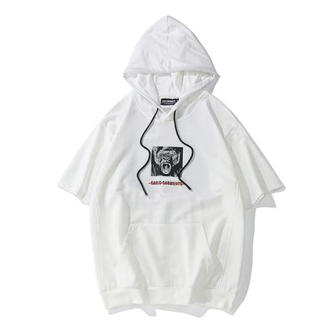 Fashion Print Streetwear Hip Hop Hoodies Men Short Sleeve Hooded Pullover Sweatshirt High Street