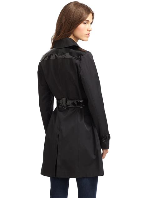 Lyst Via Spiga Faux Patent Leather Trim Trench Coat In Black