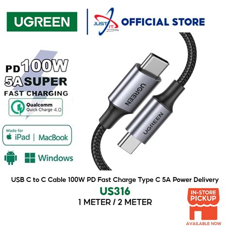 Ugreen Us316 Usb C To C Cable 100w Pd Fast Charge Type C 5a Power