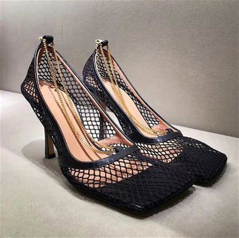 Newest Women Square Toe Hollow Out Mesh Pumps High Heels Ankle Chain Decor Summer Shoes Black