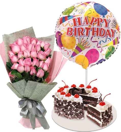 24 Pink Roses with Birthday Balloon and Cake To Philippines | Delivery ...